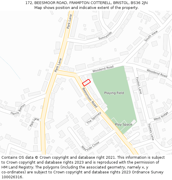 172, BEESMOOR ROAD, FRAMPTON COTTERELL, BRISTOL, BS36 2JN: Location map and indicative extent of plot