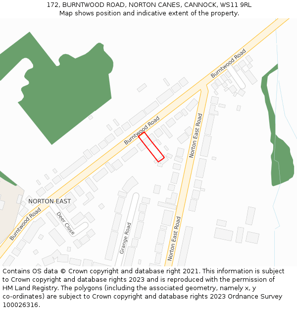 172, BURNTWOOD ROAD, NORTON CANES, CANNOCK, WS11 9RL: Location map and indicative extent of plot