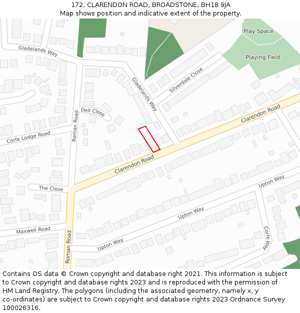 172, CLARENDON ROAD, BROADSTONE, BH18 9JA: Location map and indicative extent of plot