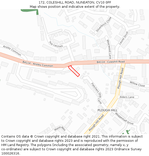 172, COLESHILL ROAD, NUNEATON, CV10 0PF: Location map and indicative extent of plot