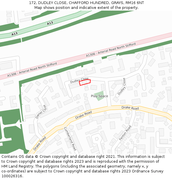 172, DUDLEY CLOSE, CHAFFORD HUNDRED, GRAYS, RM16 6NT: Location map and indicative extent of plot