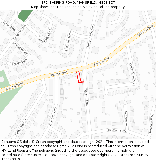 172, EAKRING ROAD, MANSFIELD, NG18 3DT: Location map and indicative extent of plot