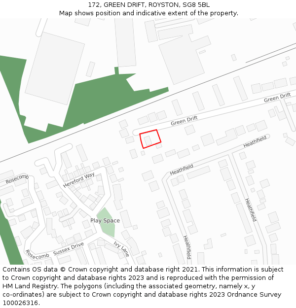 172, GREEN DRIFT, ROYSTON, SG8 5BL: Location map and indicative extent of plot