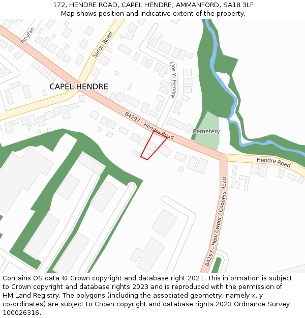 172, HENDRE ROAD, CAPEL HENDRE, AMMANFORD, SA18 3LF: Location map and indicative extent of plot