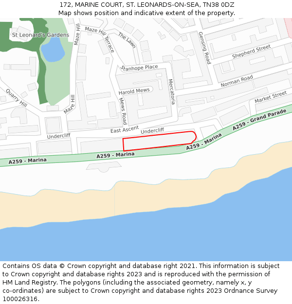 172, MARINE COURT, ST. LEONARDS-ON-SEA, TN38 0DZ: Location map and indicative extent of plot