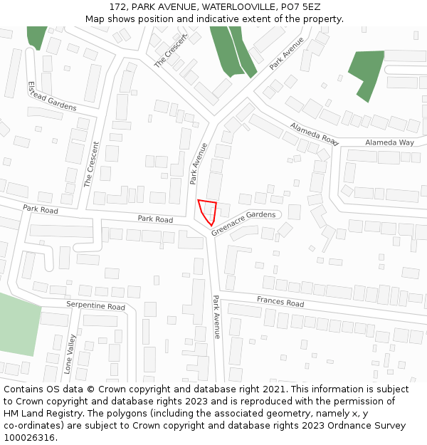 172, PARK AVENUE, WATERLOOVILLE, PO7 5EZ: Location map and indicative extent of plot