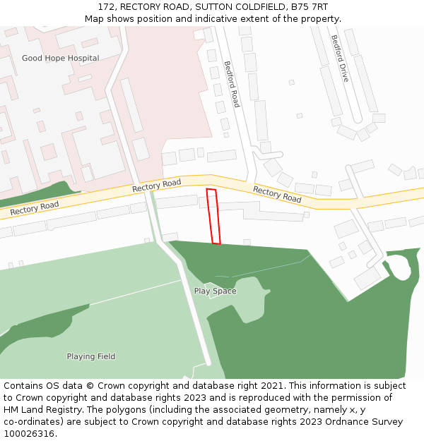 172, RECTORY ROAD, SUTTON COLDFIELD, B75 7RT: Location map and indicative extent of plot