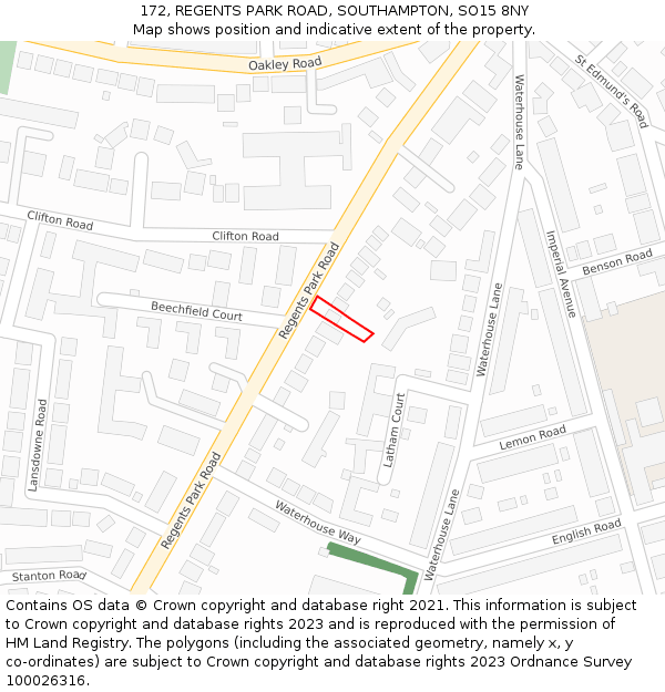 172, REGENTS PARK ROAD, SOUTHAMPTON, SO15 8NY: Location map and indicative extent of plot