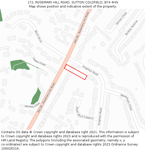 172, ROSEMARY HILL ROAD, SUTTON COLDFIELD, B74 4HN: Location map and indicative extent of plot