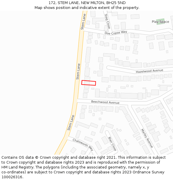 172, STEM LANE, NEW MILTON, BH25 5ND: Location map and indicative extent of plot