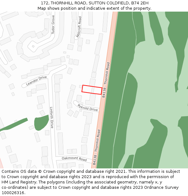 172, THORNHILL ROAD, SUTTON COLDFIELD, B74 2EH: Location map and indicative extent of plot