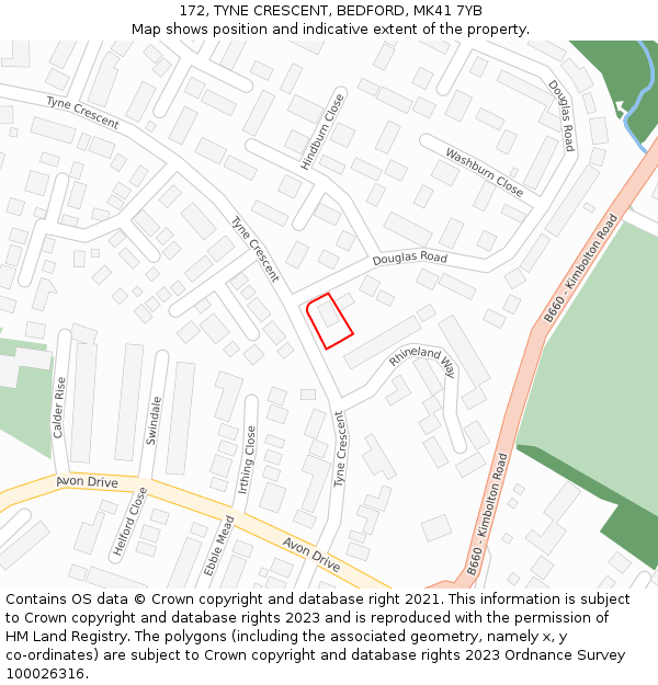 172, TYNE CRESCENT, BEDFORD, MK41 7YB: Location map and indicative extent of plot
