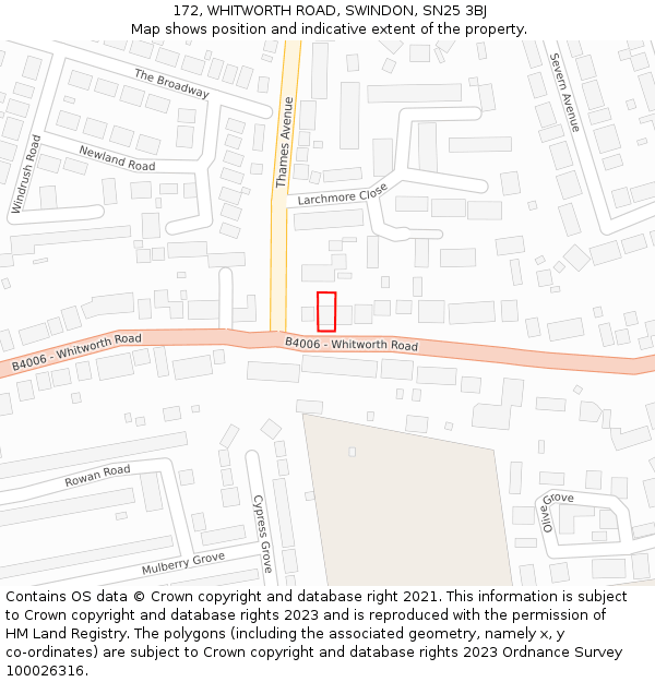 172, WHITWORTH ROAD, SWINDON, SN25 3BJ: Location map and indicative extent of plot