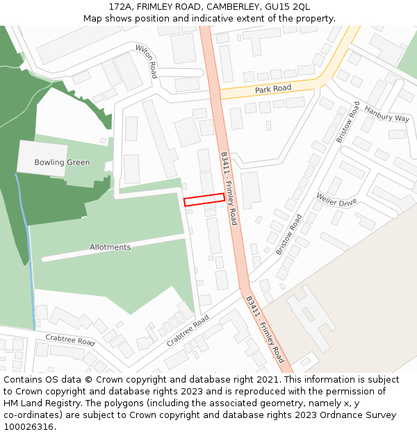 172A, FRIMLEY ROAD, CAMBERLEY, GU15 2QL: Location map and indicative extent of plot