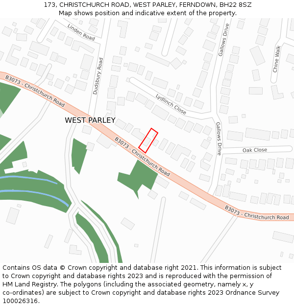 173, CHRISTCHURCH ROAD, WEST PARLEY, FERNDOWN, BH22 8SZ: Location map and indicative extent of plot