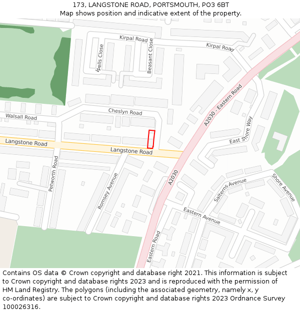 173, LANGSTONE ROAD, PORTSMOUTH, PO3 6BT: Location map and indicative extent of plot