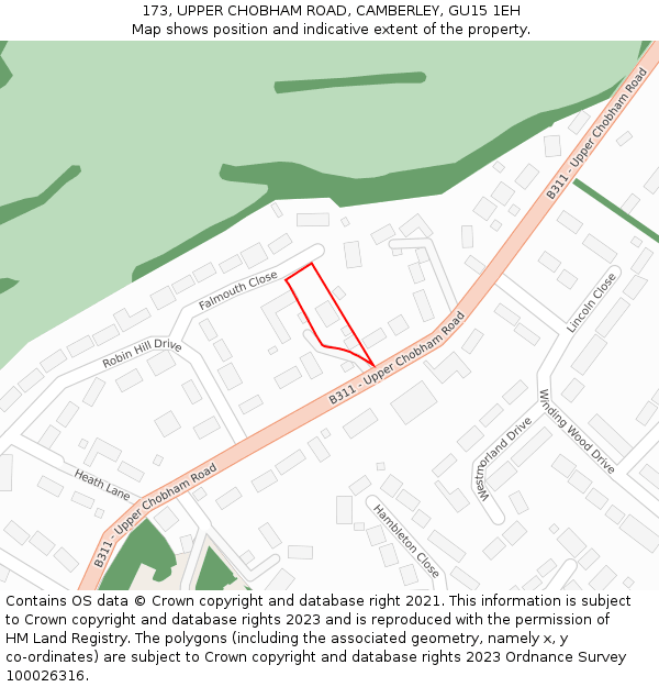 173, UPPER CHOBHAM ROAD, CAMBERLEY, GU15 1EH: Location map and indicative extent of plot