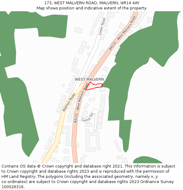 173, WEST MALVERN ROAD, MALVERN, WR14 4AY: Location map and indicative extent of plot