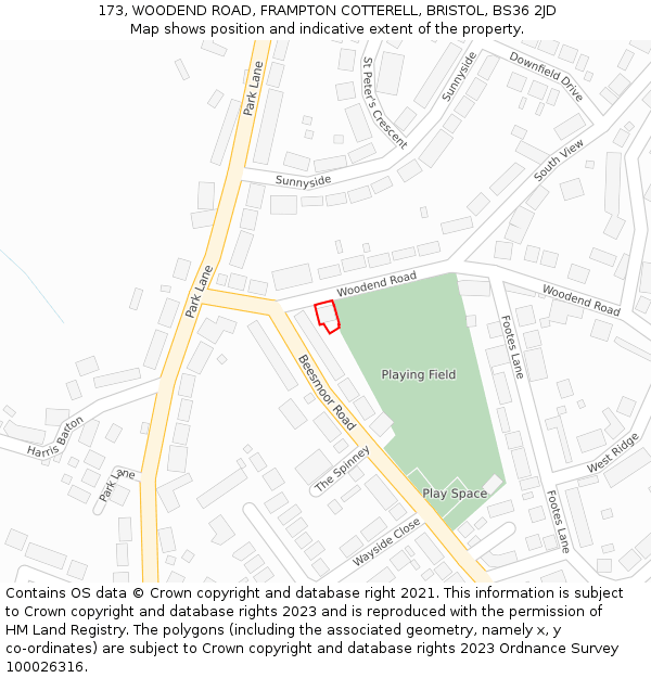 173, WOODEND ROAD, FRAMPTON COTTERELL, BRISTOL, BS36 2JD: Location map and indicative extent of plot