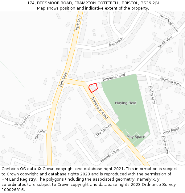 174, BEESMOOR ROAD, FRAMPTON COTTERELL, BRISTOL, BS36 2JN: Location map and indicative extent of plot