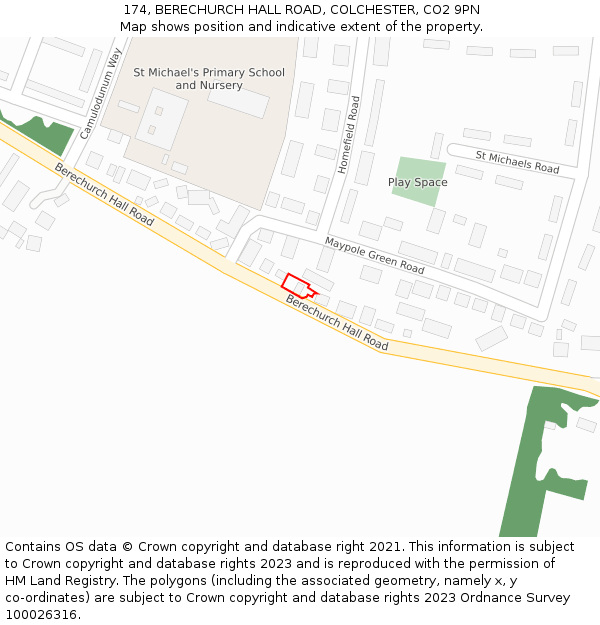 174, BERECHURCH HALL ROAD, COLCHESTER, CO2 9PN: Location map and indicative extent of plot