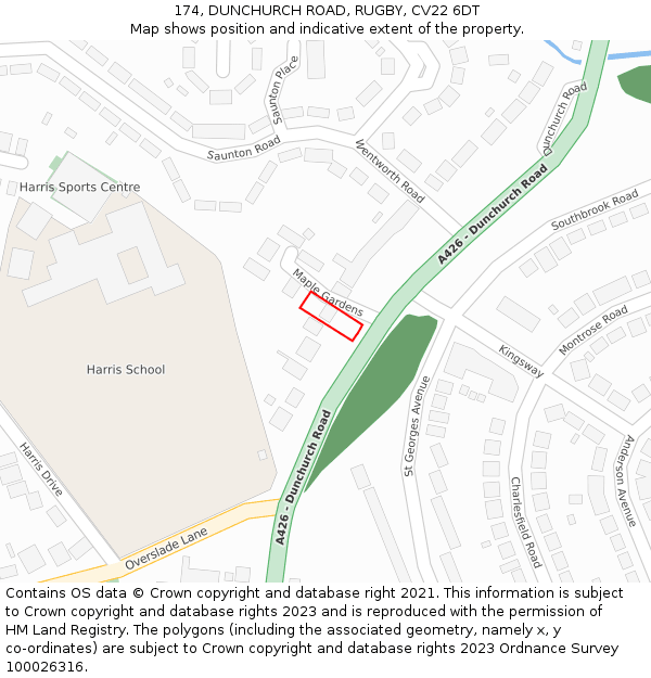 174, DUNCHURCH ROAD, RUGBY, CV22 6DT: Location map and indicative extent of plot