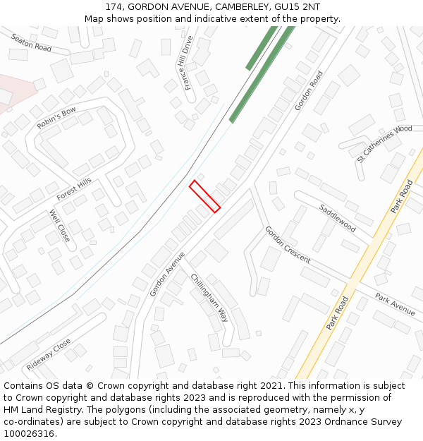 174, GORDON AVENUE, CAMBERLEY, GU15 2NT: Location map and indicative extent of plot