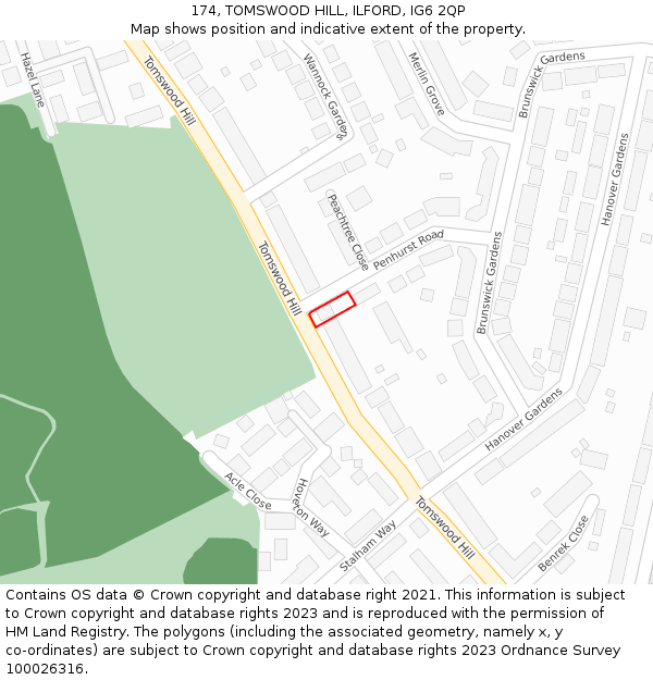174, TOMSWOOD HILL, ILFORD, IG6 2QP: Location map and indicative extent of plot