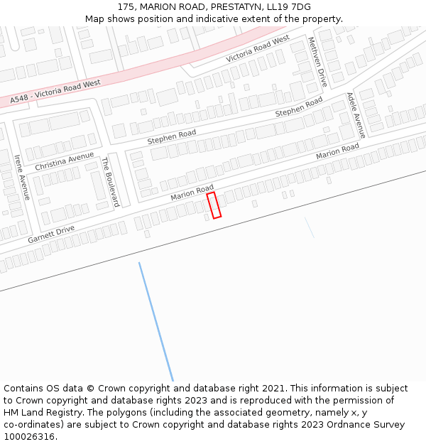 175, MARION ROAD, PRESTATYN, LL19 7DG: Location map and indicative extent of plot