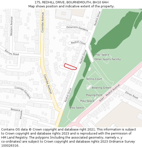 175, REDHILL DRIVE, BOURNEMOUTH, BH10 6AH: Location map and indicative extent of plot