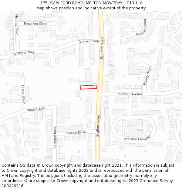 175, SCALFORD ROAD, MELTON MOWBRAY, LE13 1LA: Location map and indicative extent of plot