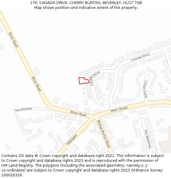 176, CANADA DRIVE, CHERRY BURTON, BEVERLEY, HU17 7SB: Location map and indicative extent of plot