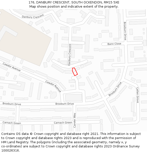 176, DANBURY CRESCENT, SOUTH OCKENDON, RM15 5XE: Location map and indicative extent of plot