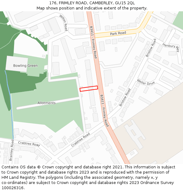 176, FRIMLEY ROAD, CAMBERLEY, GU15 2QL: Location map and indicative extent of plot