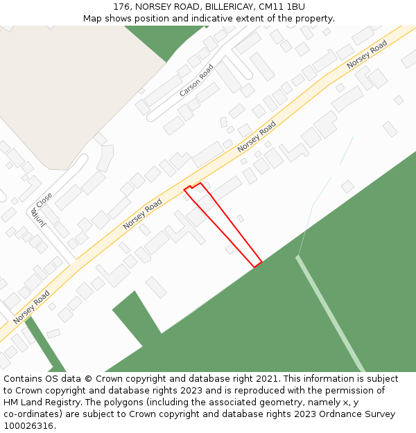 176, NORSEY ROAD, BILLERICAY, CM11 1BU: Location map and indicative extent of plot
