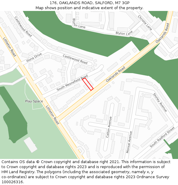 176, OAKLANDS ROAD, SALFORD, M7 3GP: Location map and indicative extent of plot