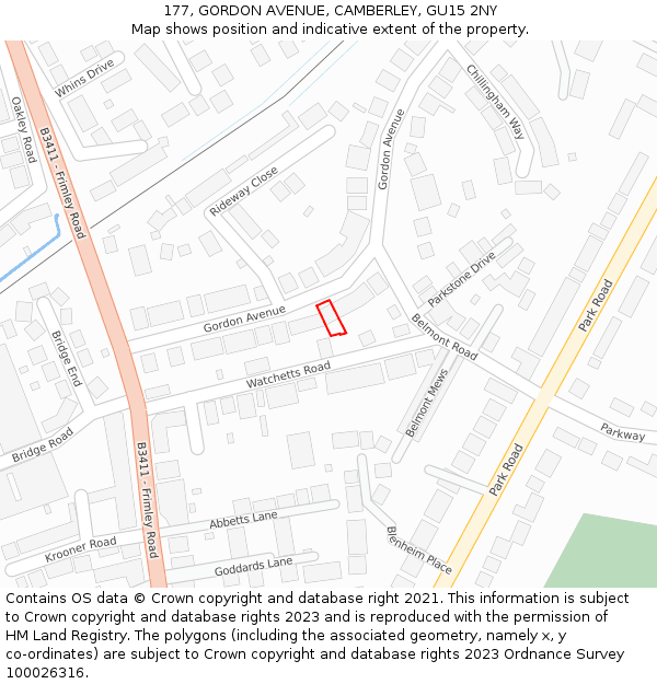 177, GORDON AVENUE, CAMBERLEY, GU15 2NY: Location map and indicative extent of plot