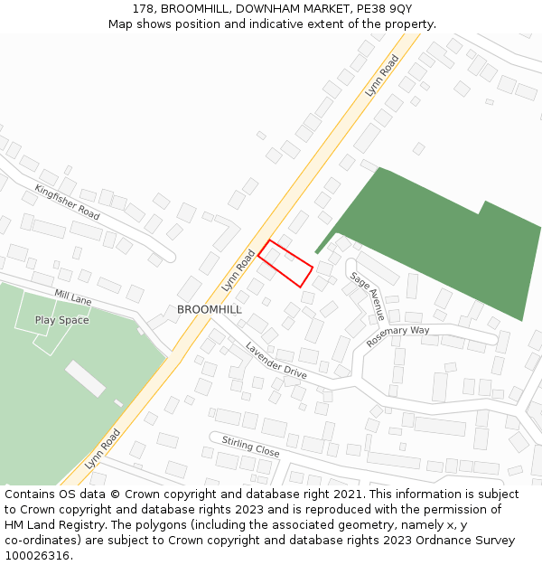 178, BROOMHILL, DOWNHAM MARKET, PE38 9QY: Location map and indicative extent of plot