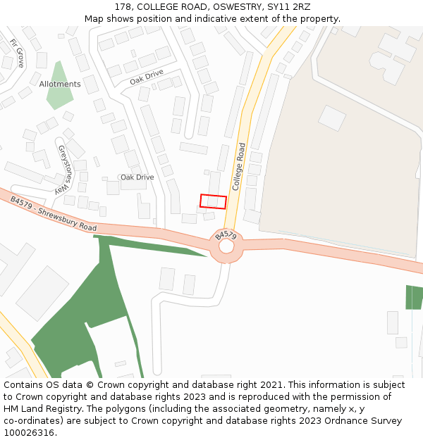 178, COLLEGE ROAD, OSWESTRY, SY11 2RZ: Location map and indicative extent of plot