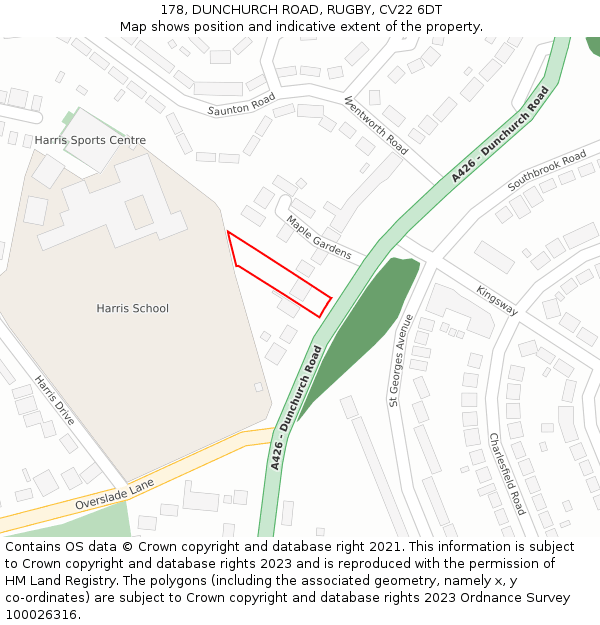 178, DUNCHURCH ROAD, RUGBY, CV22 6DT: Location map and indicative extent of plot