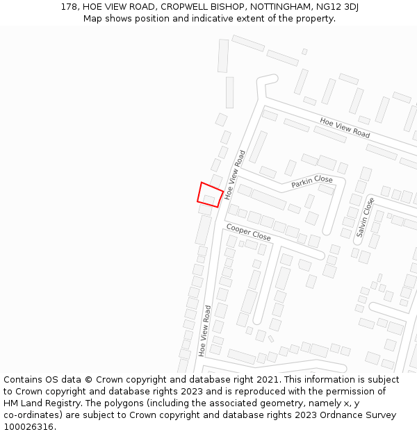 178, HOE VIEW ROAD, CROPWELL BISHOP, NOTTINGHAM, NG12 3DJ: Location map and indicative extent of plot