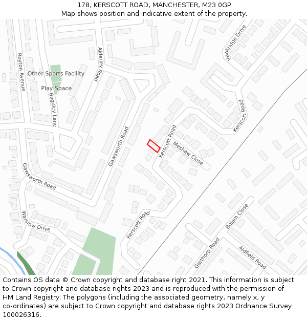 178, KERSCOTT ROAD, MANCHESTER, M23 0GP: Location map and indicative extent of plot