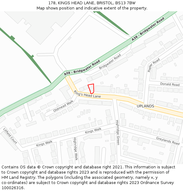 178, KINGS HEAD LANE, BRISTOL, BS13 7BW: Location map and indicative extent of plot