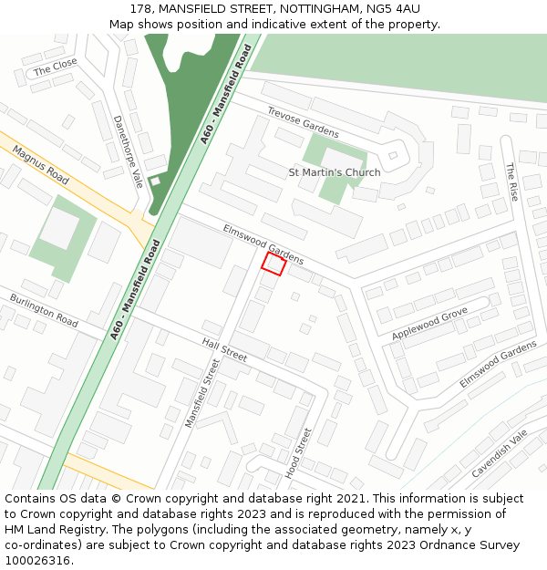 178, MANSFIELD STREET, NOTTINGHAM, NG5 4AU: Location map and indicative extent of plot