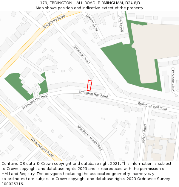 179, ERDINGTON HALL ROAD, BIRMINGHAM, B24 8JB: Location map and indicative extent of plot