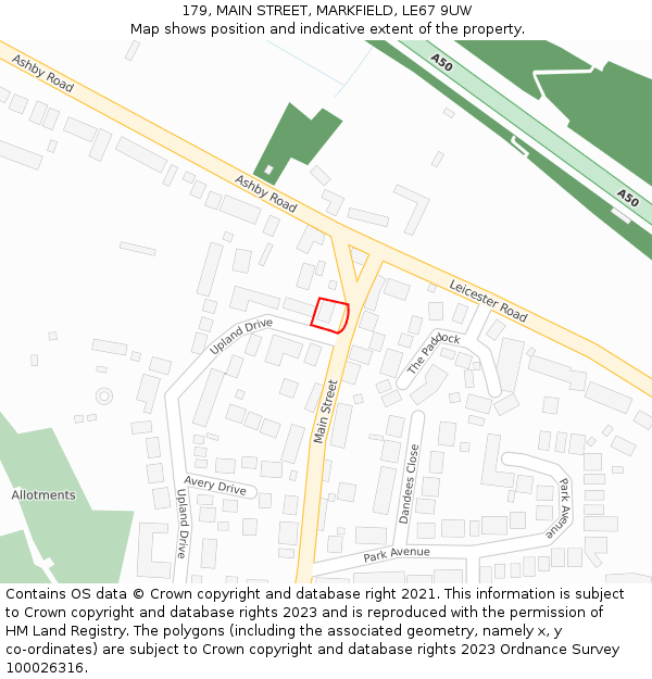 179, MAIN STREET, MARKFIELD, LE67 9UW: Location map and indicative extent of plot