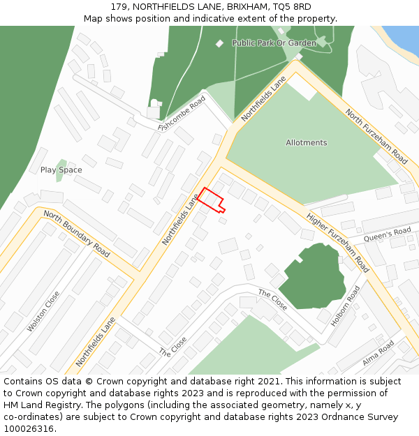 179, NORTHFIELDS LANE, BRIXHAM, TQ5 8RD: Location map and indicative extent of plot
