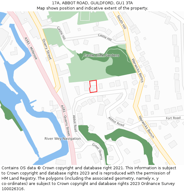 17A, ABBOT ROAD, GUILDFORD, GU1 3TA: Location map and indicative extent of plot