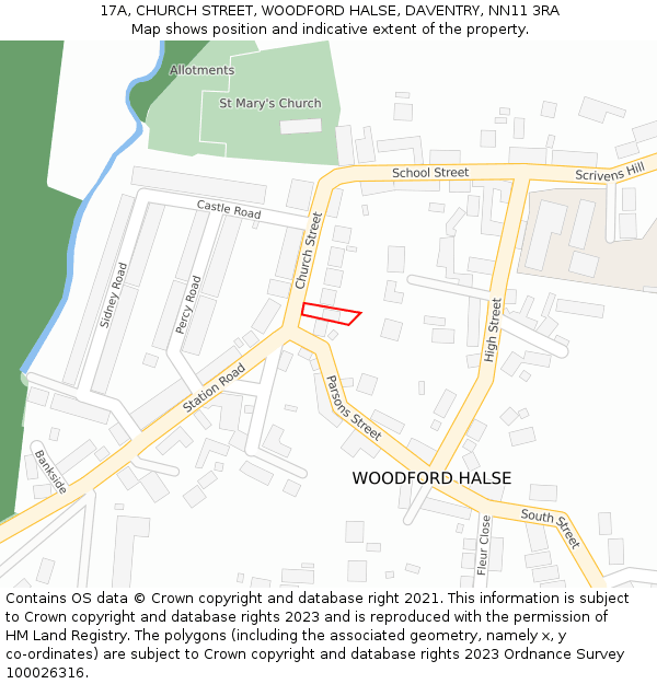 17A, CHURCH STREET, WOODFORD HALSE, DAVENTRY, NN11 3RA: Location map and indicative extent of plot