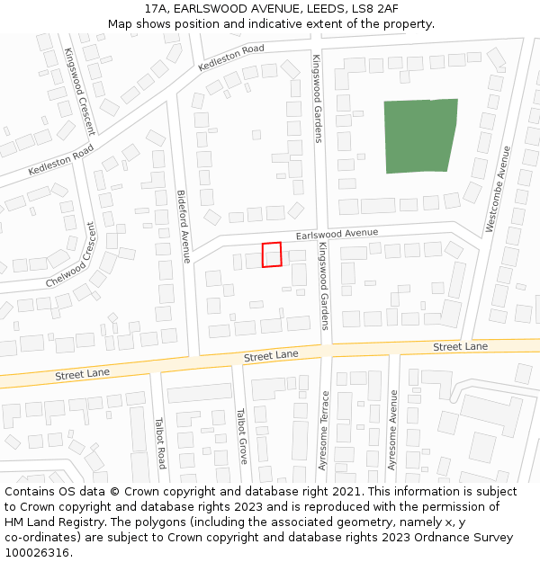 17A, EARLSWOOD AVENUE, LEEDS, LS8 2AF: Location map and indicative extent of plot